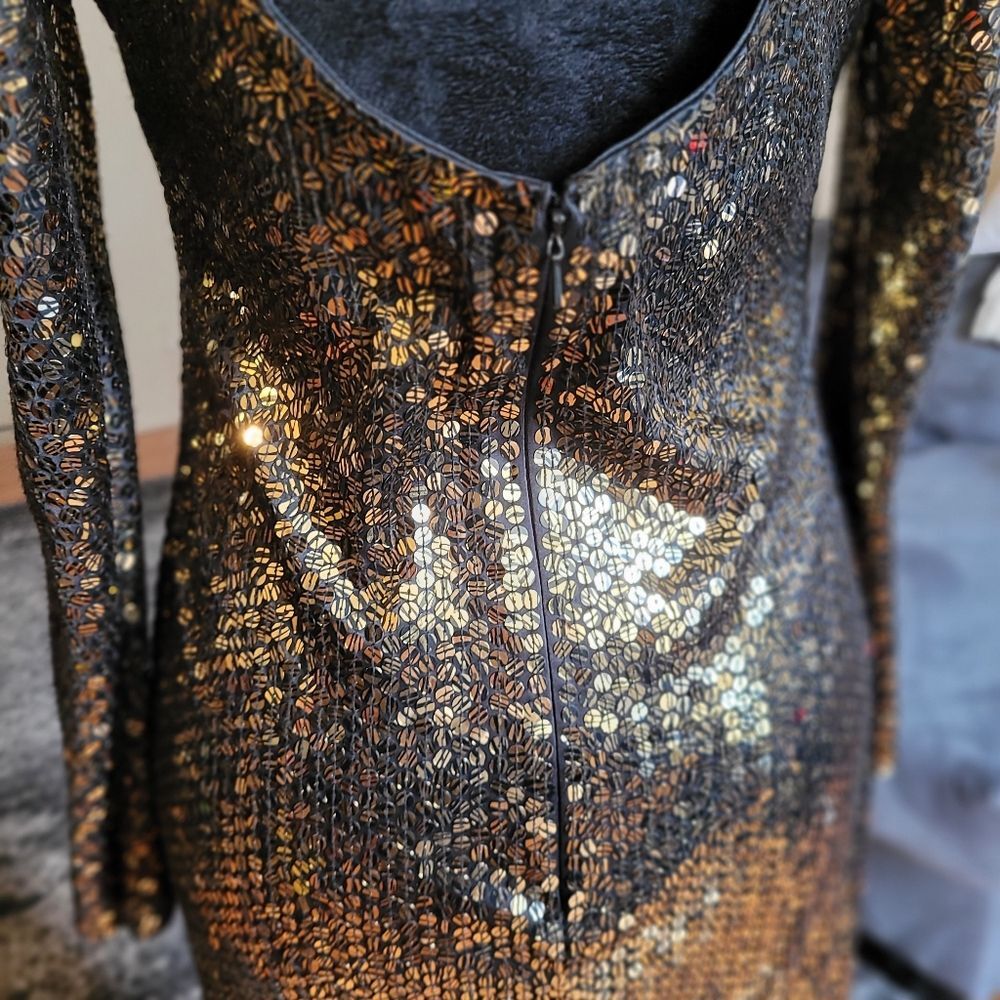 Vintage Sequin Long Sleeve Midi Dress - Gold - Size 8 - Picture 8 of 16